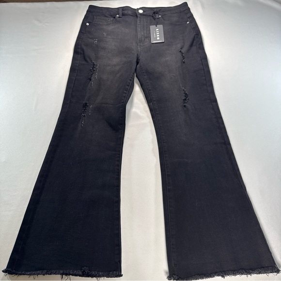 Risen Jeans Denim - NWT Risen Jeans Womens 32 Black High Rise Flared Leg Distressed Denim Raw Hem